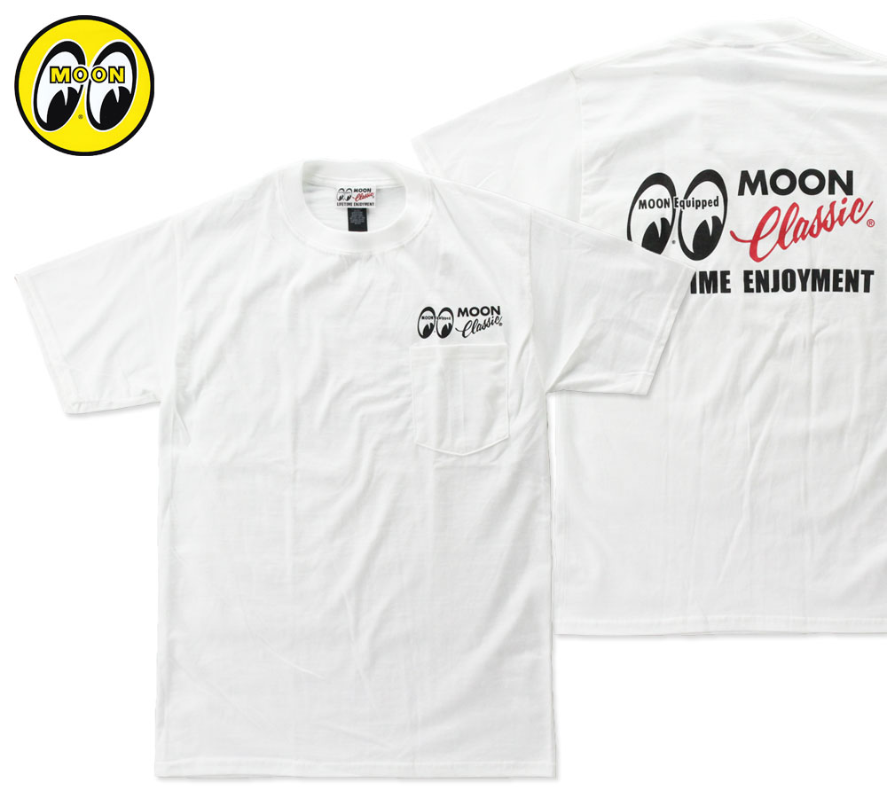 ムーンアイズ Tシャツ メンズ 半袖 ポケット アメカジ おしゃれ かっこいい かわいい アメ車 ホットロッド レーシング モーター MOONEYES MOON Classic Logo T-Shirt with Pocket ＿TS-QTM005WH-MON