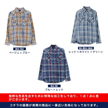 チェックシャツ メンズ シャツ ネルシャツ◆roshell(ロシェル) インディゴチェックウエスタンシャツ◆M/L/XL/ デニムシャツ 長袖シャツ 腰巻 ペアルック カップル 秋 服 秋服 春 春服 サーフ系