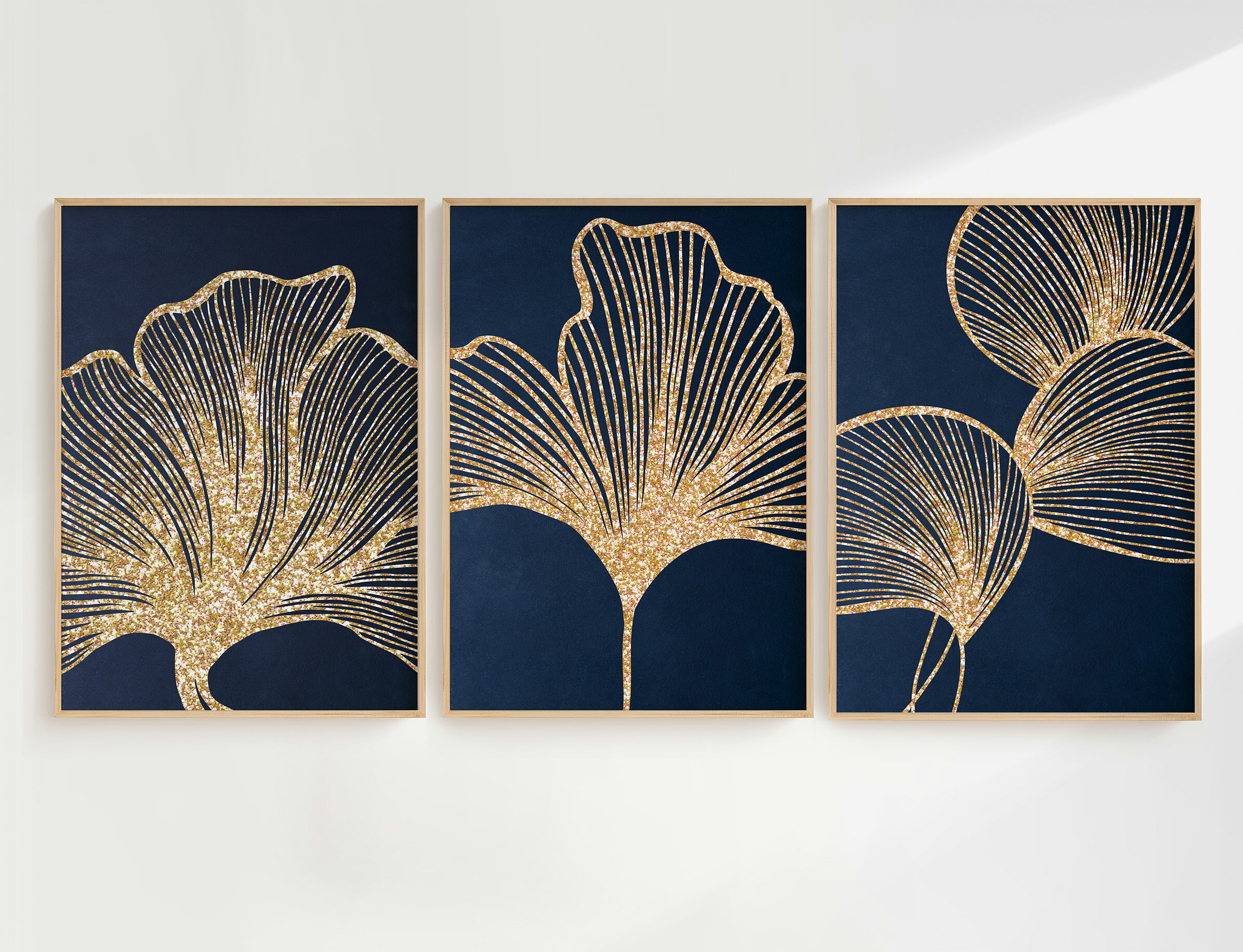 ネイビーブルー、ゴールドのボタニカルアート A2（420mm×594mm)3枚セット アートポスター モダン 北欧 ..