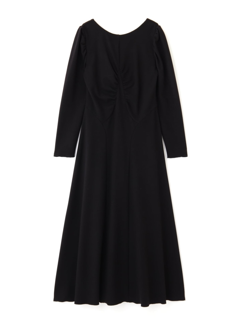 レディース ワンピース ホルターネック 水墨画柄 フリル スクエアネック ハイウエスト ウエストシェイプ Aライン フレア ミモレ丈 長袖 花びらスリーブ リボン 春 韓国風 甘辛 エレガント テンセル アプリコット