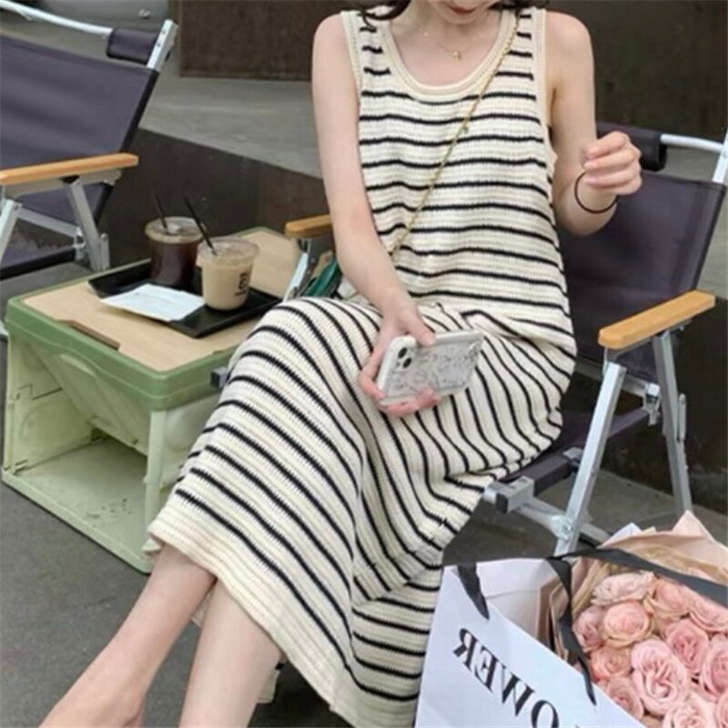 ワンピース レディース 夏 ストライプ ゆったりスリム 冷感ロング スカート