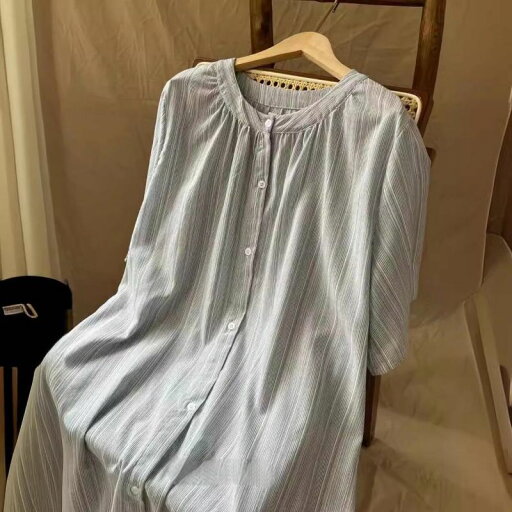 ワンピース レディース フレアワンピース ロング丈 薄手 半袖 シャツワンピース 2way ビッグシルエット ギャザー 体型カバー パフスリーブ ストライプ お洒落 可愛い エレガント カジュアル フェミニン ナチュラル シンプル