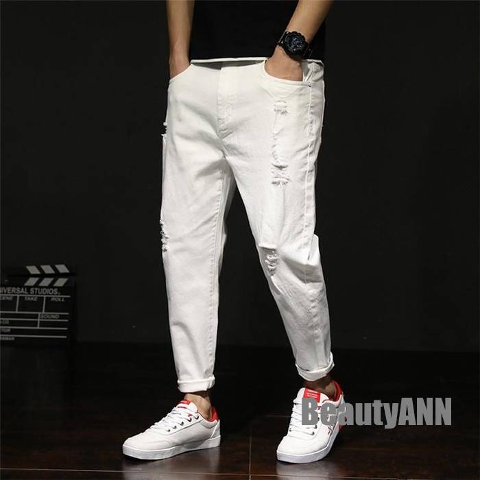 【楽天スーパーSALE割引商品】新生活 白デニムパンツ メンズ シンプル ダメージ 九分丈パンツ ズボン 夏 薄手 スキニー チノパンツ カジュアル 綿 ジーンズ プレゼント ギフト