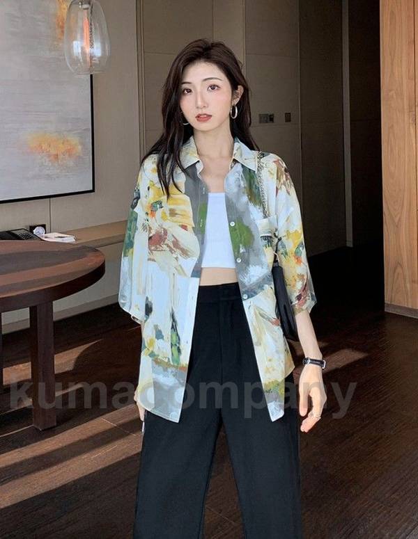 THOM WILLS 柄シャツ レディース 半袖 長袖 トップス 春 夏 秋 アロハシャツ 襟付き 総柄 シャツ ブラウス 羽織り 五分袖 大きいサイズ ゆったり 春夏 春秋 カジュアル おしゃれ 20代 30代 40代 km