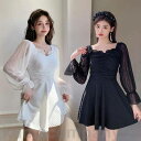 レディース 水着 長袖 ワンピース フリル シアー おしゃれ スイムウェア 体型カバー エレガント リゾート 海 プール 夏 フェミニン きれいめ 大人 可愛い 二の腕カバー 韓国 ホワイト 白 ブラック 黒 20代 30代 40代