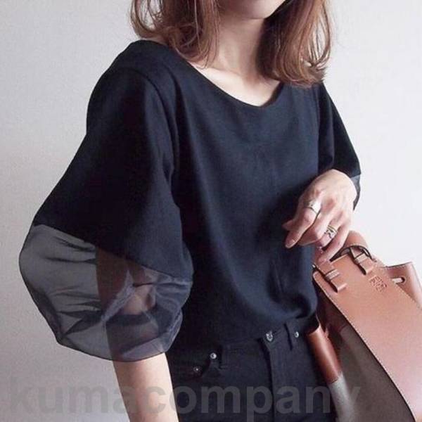 パフスリーブ トップス ブラウス シャツ プルオーバー カットソー シアー クルーネック エレガント レディース きれいめ カジュアル おしゃれ 五分袖 大人 可愛い フェミニン ナチュラル 通勤 ネイビー グリーン 緑 春 秋 夏