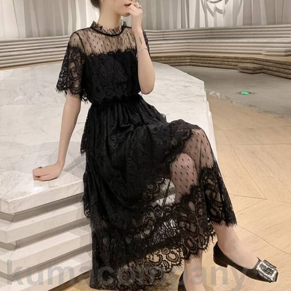 「楽天スーパーSALE 10%OFF」結婚式 ワンピース 袖あり レース ドレス ミモレ丈 パーティー スタンドカラー おしゃれ レディース 大人 可愛い フェミニン 半袖 ワンピ 透け感 エレガント ティアード 二次会 お呼ばれ ホワイト 白 ブラック 黒 春 秋 夏のサムネイル
