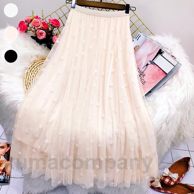 チュールスカート マキシ丈 レディース ロングスカート Aライン レーススカート 姫系 スカート ロング Aラインスカート 四つ葉クローバー柄