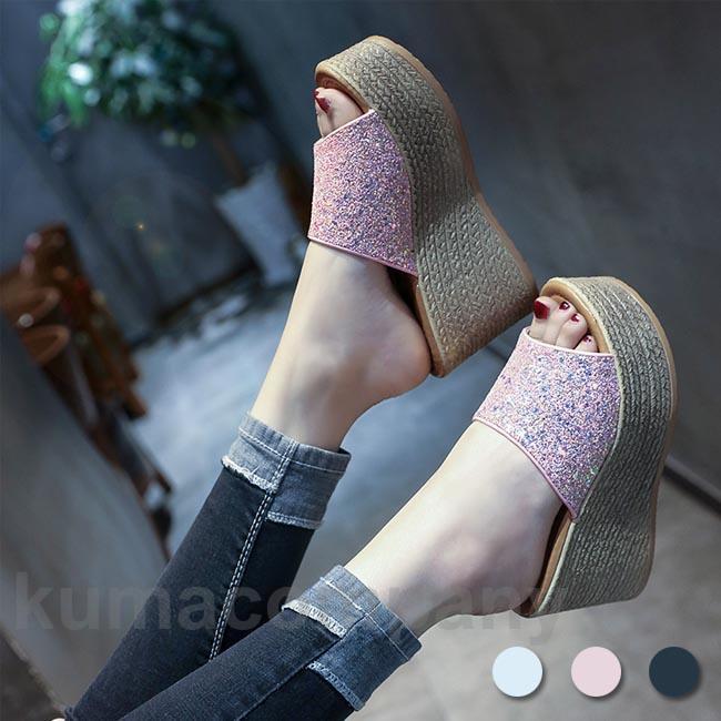 サンダル ウェッジソール レディース 厚底サンダル ウェッジソールサンダル レトロ ミュール ハイヒール キラキラ 美脚 サマーサンダル 厚底