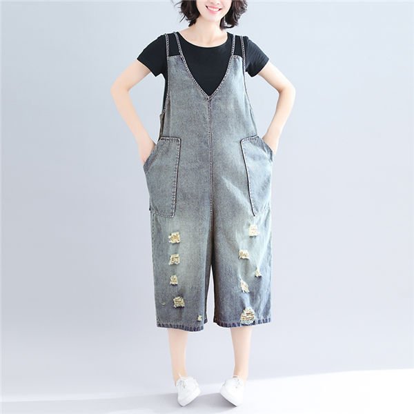 THOM WILLS サロペットデニムパンツ レディース ダメージデニムパンツ 7分丈 クロップドパンツ ワイド ガウチョパンツ 夏 オーバーオール ゆったり バレンタイン 2023 プレゼント