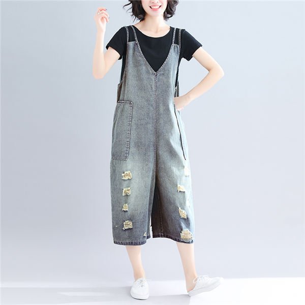 THOM WILLS サロペットデニムパンツ レディース ダメージデニムパンツ 7分丈 クロップドパンツ ワイド ガウチョパンツ 夏 オーバーオール ゆったり バレンタイン 2023 プレゼント