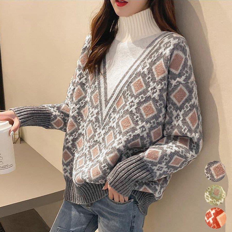 【楽天スーパーSALE割引商品】エスニック レディース セーター アーガイル柄ニット長袖 おしゃれ かわいい 韓国風大人カジュアル ハイネック バレンタイン 2...