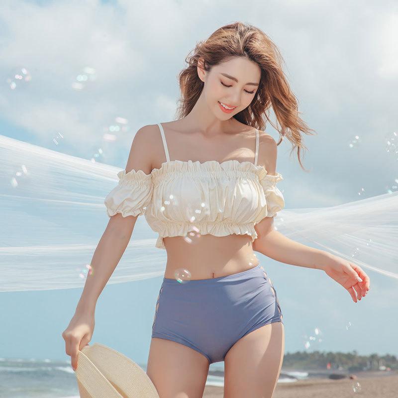 THOM WILLS 水着 ビキニ オフショルダー韓国風 フリル スリム ビキニ ツーピース ガーリー水着 可愛い 韓国 プール 海 白 キャミソール バレンタイン 2023 プレゼント
