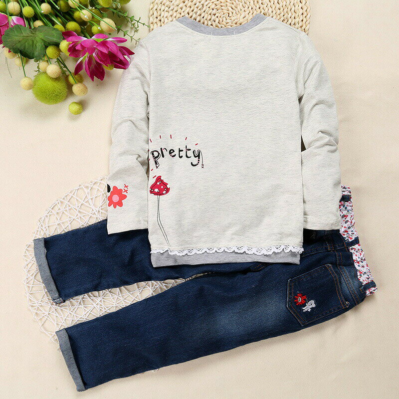 子供服 セットアップ キッズ 女の子 長袖 刺繍 春秋 上下セット 韓国子供服 ジュニア Tシャツ 長ズボン デニム カジュアル 可愛い おしゃれ 小学生 通学着 バレンタイン 2023 プレゼント 2