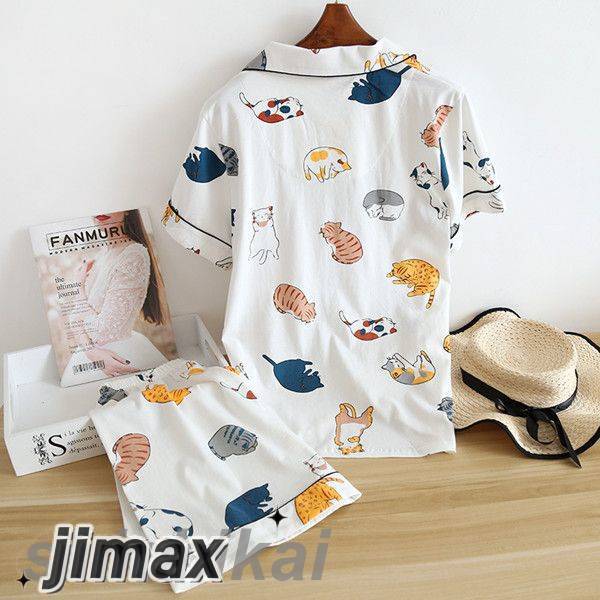 パジャマ レディース 半袖 前開き ルームウェア 上下2点セット お買い得 夏 可愛い おしゃれ 猫ちゃん プレゼント用 テーラー襟 旅行 記念日 綿100％ 部屋着 コットン 半袖トップス パンツ 半ズボン ギフト