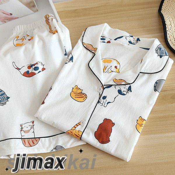 パジャマ レディース 半袖 前開き ルームウェア 上下2点セット お買い得 夏 可愛い おしゃれ 猫ちゃん プレゼント用 テーラー襟 旅行 記念日 綿100％ 部屋着 コットン 半袖トップス パンツ 半ズボン ギフト