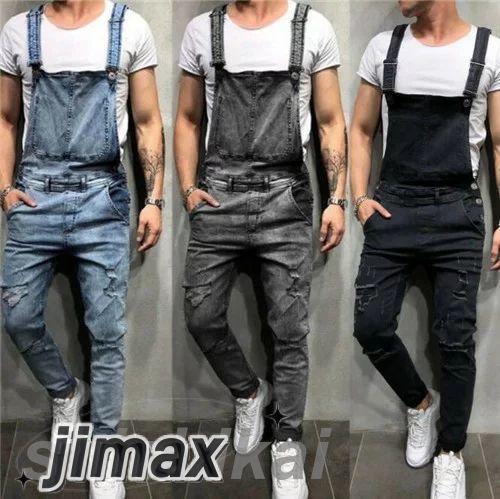 短納期 メンズ ダメージ サロペットパンツ デニム スキニー オーバーオール ロング丈 スリムフィット ストリート ペンシルパンツ