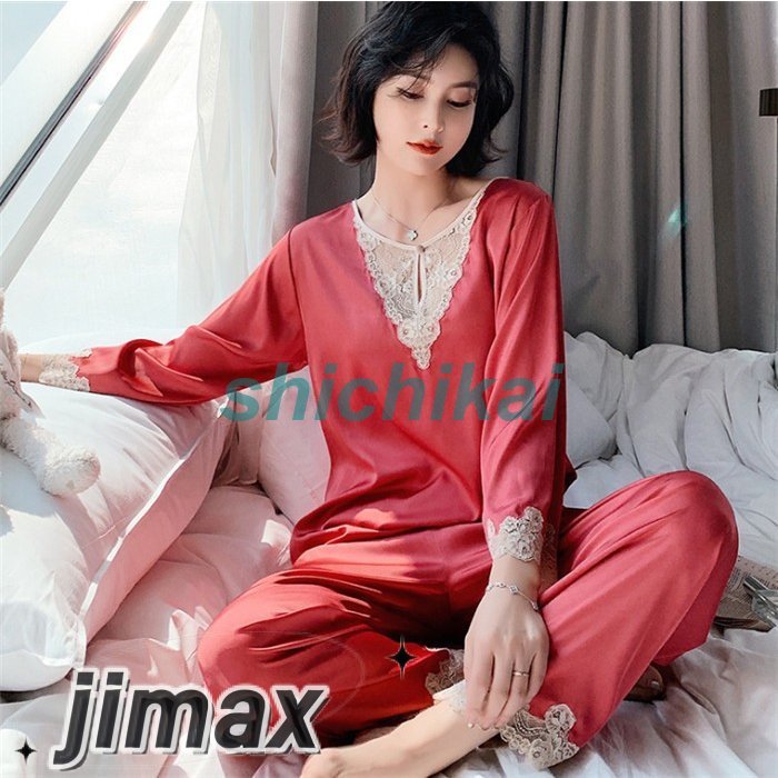 パジャマ レディース ルームウェア 長袖 部屋着 セットアップ 2点セット パジャマ ルームウェア 大人 寝巻き ゆったり 上下セット サテン風 長袖 春 夏 レース ホワイトデー
