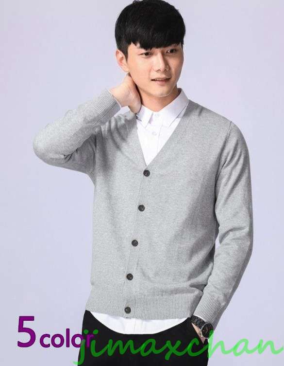 サマー メンズ イタリアンカラー 無地 Vネック カーディガン 長袖 コート コットン ユニフォーム スクール ファッション