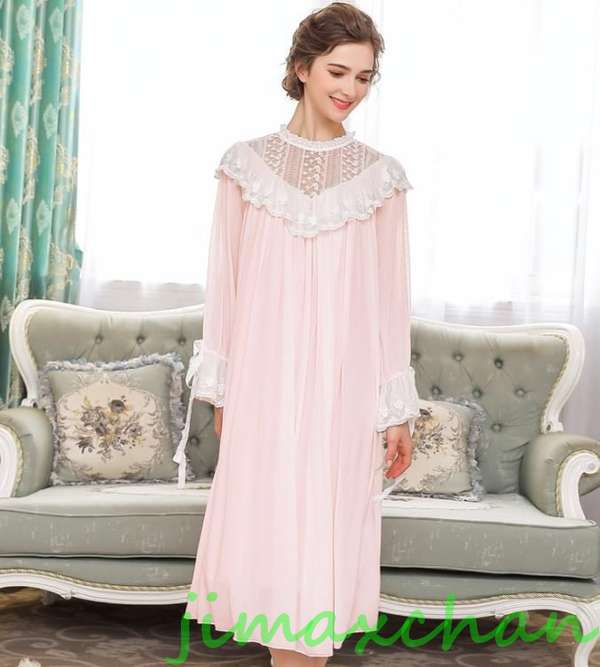 サマー　ルームウェア ワンピース 長袖 セクシー Vネック オフショルダー 胸開 寝巻きネグリジェ 姫　宮廷　ロングスカート 膝丈 スカート　パジャマ　レース ナイトウェ