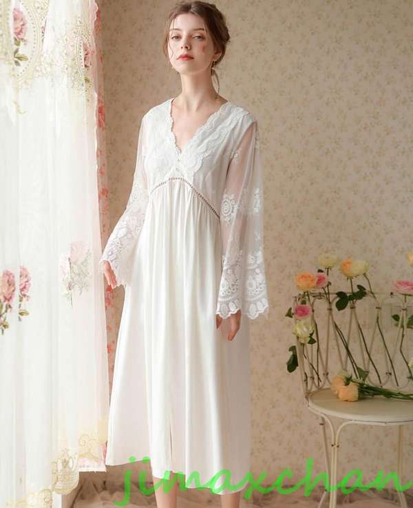 サマー　ルームウェア ワンピース長袖 セクシーVネック 吊りスカート 胸開 寝巻きネグリジェ 姫　宮廷　膝丈 スカート