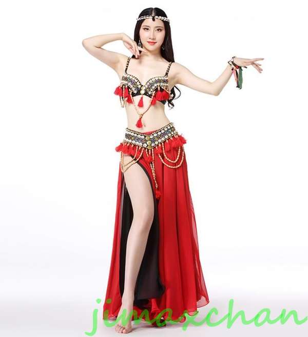 サマー　社交ダンス ベリーダンス衣装 フリンジ スパンコール クラーデション レディース 上下セット＋ 腰巻き 3点セット 舞台風 演出