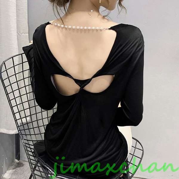 サマー　S/M/L/XL/XXL/Tシャツ 長袖 タートルネック セーター レディースファッション タートル 胸開きタート セクシー ベアトップ Vネックのサムネイル