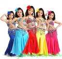 サマー 6color 子供/社交ダンス ベリーダンス衣装 フリンジ スパンコール クラーデション レディース 上下セット+腰巻き 3点セット 舞台風 演出 子...