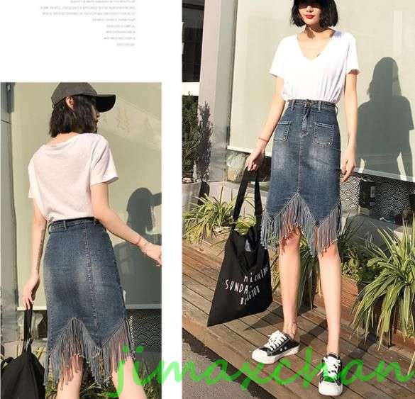 サマー　デニム スカート アレアスカート　タイトスカート マキシ丈スカート マーメイドラインスカート タッセル Aタイプ フリンジスカート　膝丈ひざ　セクシー