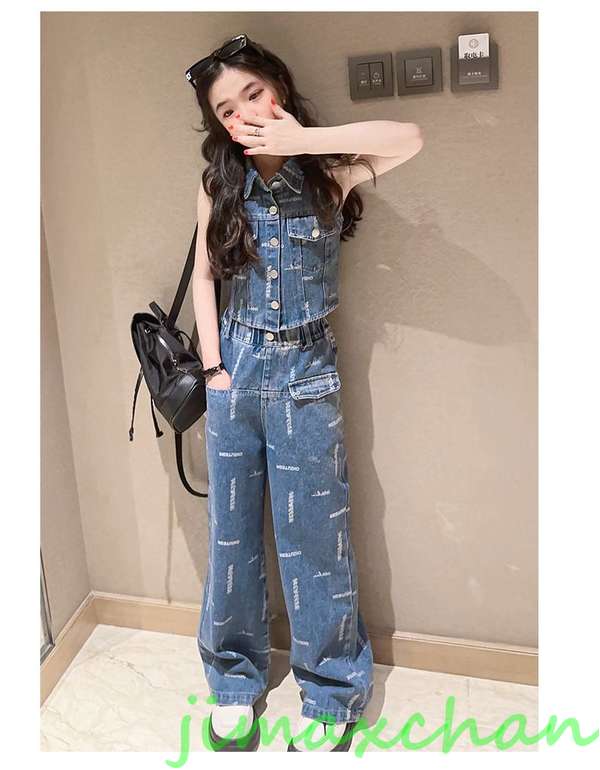 デニム ダンス 衣装 キッズ ジーパン セットアップ へそ出し 袖なし トップス ジャズダンス ヒップホップ 女の子 韓国 女の子 子供 HIPHOP ダンス発表会 演出 2