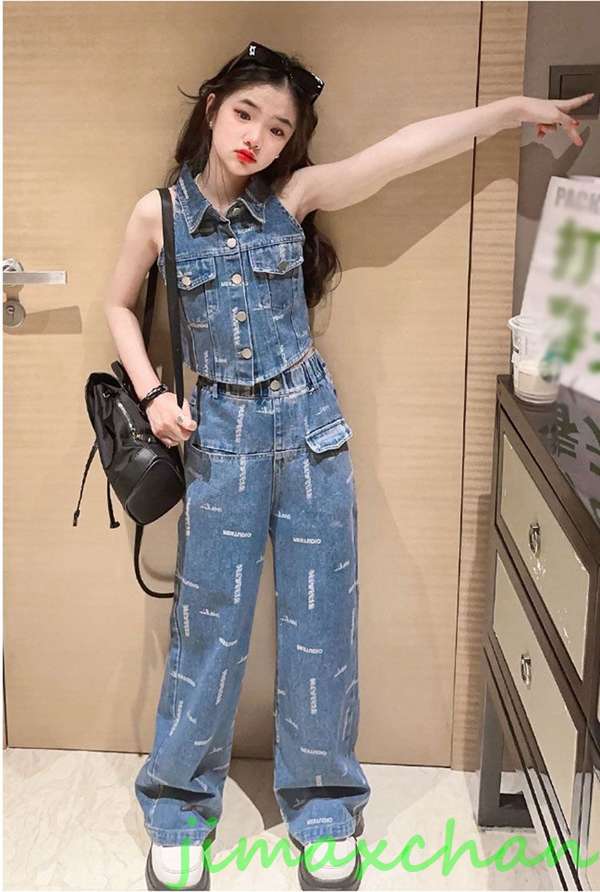 デニム ダンス 衣装 キッズ ジーパン セットアップ へそ出し 袖なし トップス ジャズダンス ヒップホップ 女の子 韓国 女の子 子供 HIPHOP ダンス発表会 演出 3