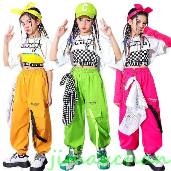 新品　キッズ ダンス 衣装 ヒップホップ へそ出し トップス ローズパンツ セットアップ タンクトップ ジャズダンス カーゴパンツ 韓国 女の子 チアダンス
