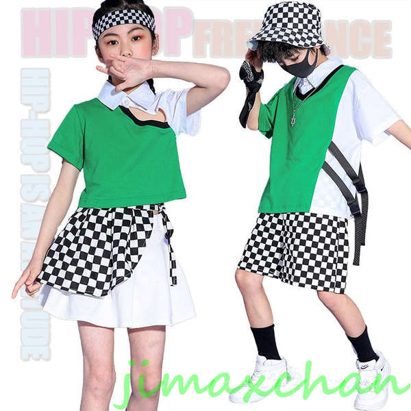 新品　キッズ ダンス 衣装 セットアップ チェック柄 へそ出し トップス スカート パンツ ガールズ 女の子 男の子 グリーン チアダンス 衣装 ヒップホップ hiphop