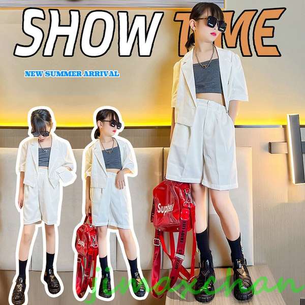 12/1迄MAX1000円OFF!新品　白 ダンススーツ ダンス 衣装 キッズ スーツ 白 かっこいい へそ出し トップス 白パンツ 女の子 セットアップ ヒップポップ 韓国 子供服 HIPPOP