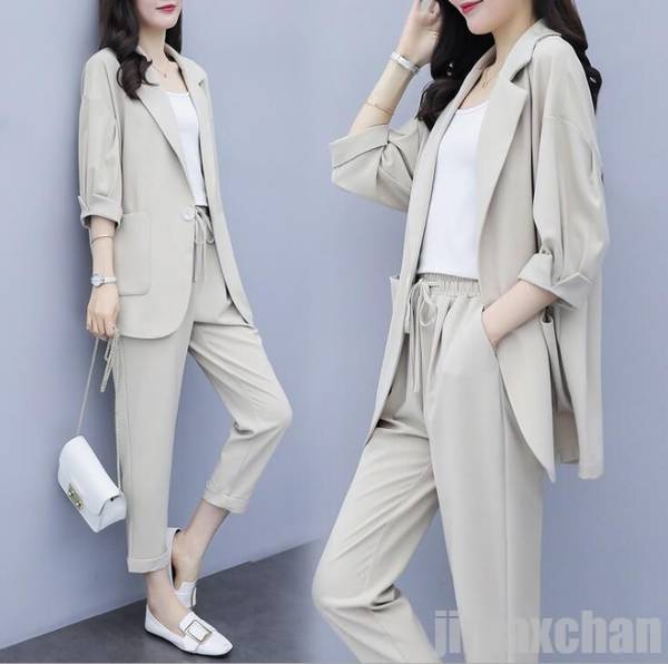 セットアップ 上下セット 2点セット レディース コート+パンツ スーツ 五分袖 パンツ 夏 無地 OL 通勤 カジュアル 結婚式 二次会 ロング