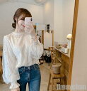 レーストップス バルーン袖 可愛い レディース 半袖 Tシャツ ブラウス スキッパーネック 長袖 ゆったり カジュアル 韓国ファッション セクシー 透け感 トップス(4)