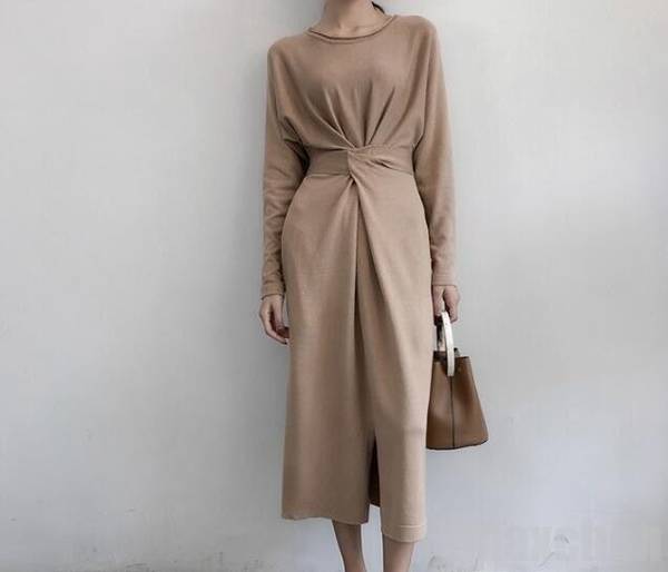 「楽天スーパーSALE 50%OFF」ニットワンピース　ラウンドカラー　長袖　ロング丈　無地　レディース　春秋　カジュアル　ベーシック　着回し　人気のサムネイル