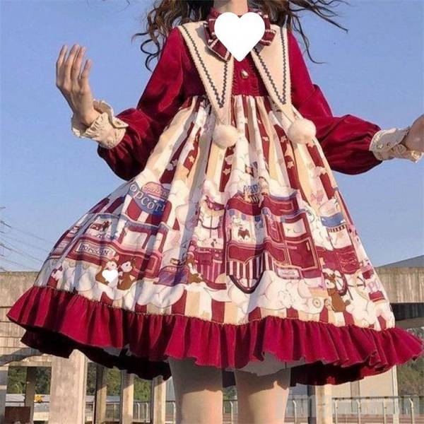 10/8迄MAX1000円OFF！ ワンピース lolita ロリータ レディース 長袖 秋冬可愛い クリスマス 姫様 lolita ロリータ 風ワンピ ポップコーン リス ゴスロリ 日系女子中高生 子供 大人 130~150cm S~L