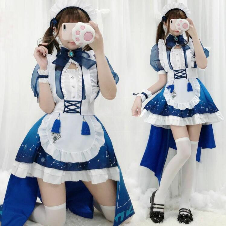 コスプレ メイド服 ロリータ ワンピース レディース 大人 ハロウィン衣装 メイドコス 半袖 ショート丈 裾フリル ワンピース 後ろが長い エプロンドレス 大きいリボン ネックウエア