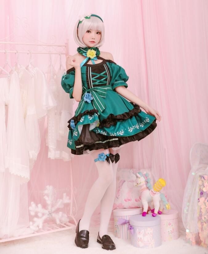 メイド服 緑系コスプレ衣装 レディース ボリューム 裾フリル カチューシャアムカバー ガーターリング 制服 ロリータワンピース ウェイトレス ハロウィン衣装