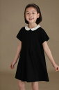 気楽 110 120 130 140 150 160 フォーマル ワンピース キッズ 丸襟 フレア 半袖 黒 ドレス 子供 女の子 こども 子ども 子供ワンピ 子供 白襟ワンピース 半袖パフスリーブ プリン(4)