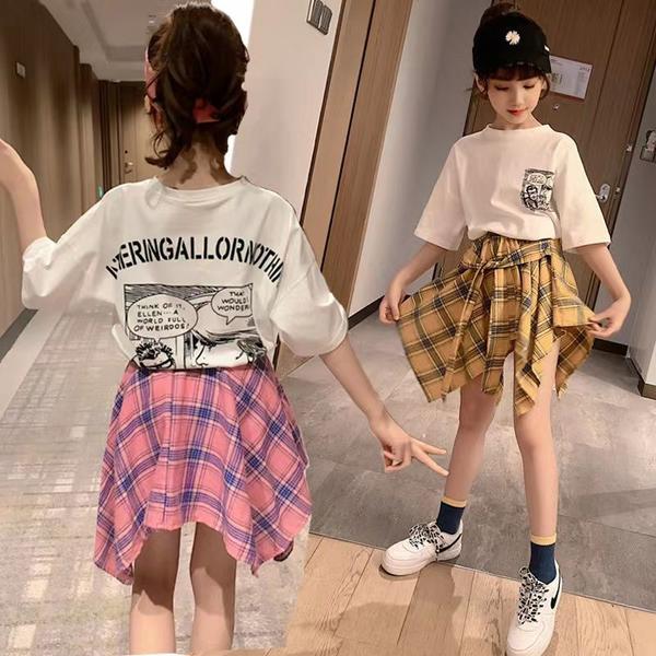 キッズダンス ダンスウェア 子供服 女の子 スカートセット 上下セット スカート カジュアル ダンス hiphop チェック柄 肩出し ノースリーブ おしゃれ 可愛い ヒップホップ JAZZ 学生 チアガール 応援ダンス 演出 発表会 夏用