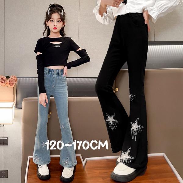 気楽 デニムパンツ 女子 中学生 女の子 かわいい 子供 子ども服 子供服 ウエストゴム ブルー 黒 120 130 140 150 160 170 デニム ロングパンツ ズボン 長ズボン 韓国