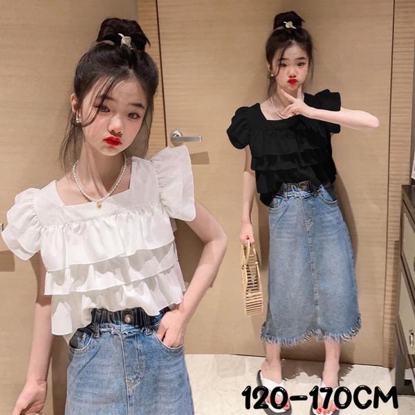 気楽 デニムスカート キッズ 女の子 子ども服 子供 子供服 スカート ひざ下 トップス 半袖 韓国 韓国フ..