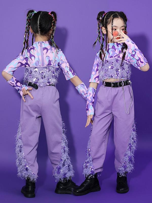 楽天くらしのjimaxちゃん気楽 キッズ ダンス パープル パンツ ズボン 練習用 衣装 チューブトップ 子ども服 子供服 子供 ジュニア 女の子 キラキラ スパンコール トップス ヒップホップ ダンス服 レッスン