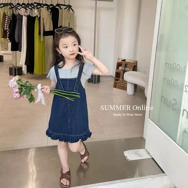 スーパーSALE50%off 気楽 2点セット デニムサロペット+シャツ キッズ 膝丈 女の子 ワンピース 子供服 ..