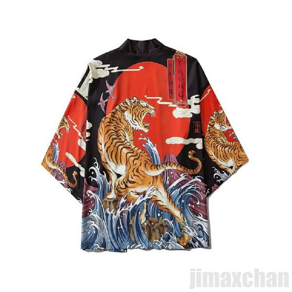 気楽 法被 夕日と虎 夏祭り 夏恋 寺 韓国ファッション 神社 羽織り 半纏 はんてん 法被 ハッピ 長半纏 半天 袢天 法被 半被 鯉 お祭り衣装 雅 和柄 ハッピ 羽織 和装