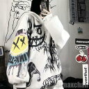 気楽 パーカー 落書き スマイル ニコ ビッグシルエットパーカー 韓国ファッション トップス プルオーバー フード付き レディース メンズ ロングパーカー ゆったり 秋冬パーカー