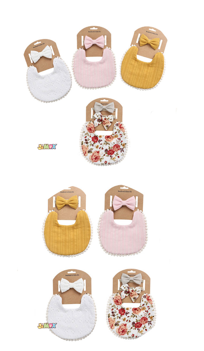 JIMAX楽天市場店の【即納】★Last1点、2,580円以上ご注文頂き、0円GET！★メール便送料無料「2点 セット」よだれかけ×ヘアゴム　ヘアアクセサリー　セット　スタイ スナップ　ベビースタイ 女の子/赤ちゃん よだれかけ　出産準備 出産祝い プレゼント ギフト/無地　花柄｜アングル2