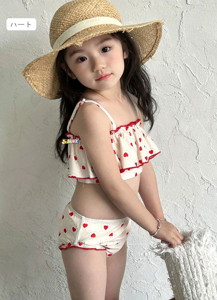 ★S/M/L メール便送料無料ガールズ水着 ベビー水着　2点セット　帽子　ビギニ　キッズの水着　女の子　花柄　フレア　ビギニ　ベビー　可愛い　キャミ　キャミソール　スウィート　子供服 キッズ 女の子 水着　プールグッズ 女子 女児 子供　可愛い